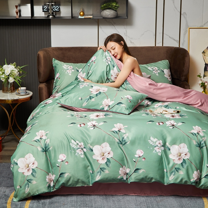 91家纺网 家纺一手货源 找家纺 凡客 2021春夏新款60支水洗真丝数码印花四件套轻奢风系列 晨露新装绿