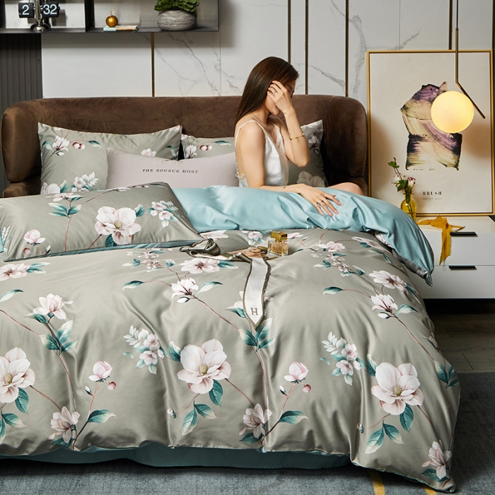 91家纺网 家纺一手货源 找家纺 凡客 2021春夏新款60支水洗真丝数码印花四件套轻奢风系列 晨露新装驼