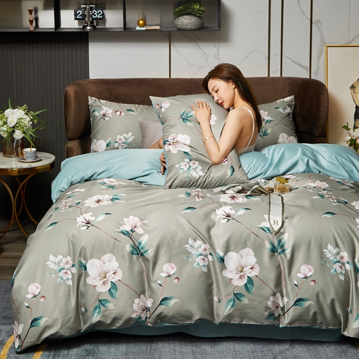 91家纺网 家纺一手货源 找家纺 凡客 2021春夏新款60支水洗真丝数码印花四件套轻奢风系列 晨露新装驼