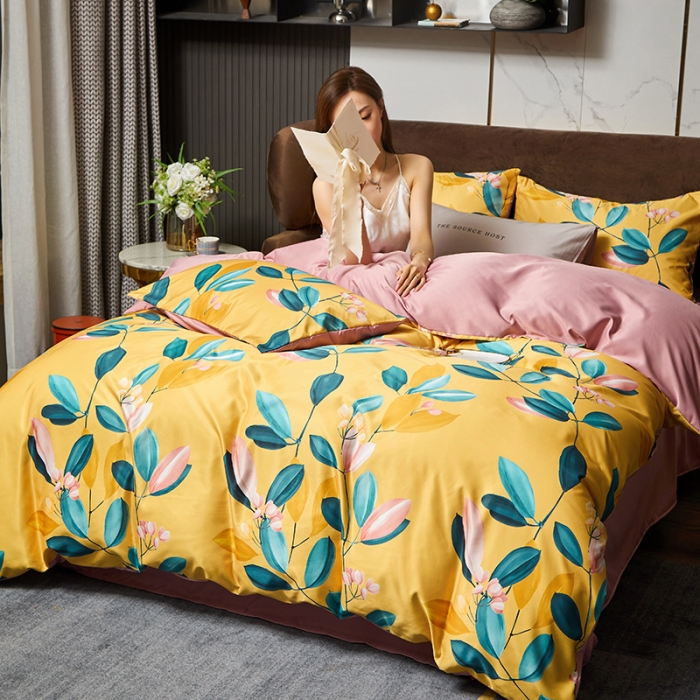 91家纺网 家纺一手货源 找家纺 凡客 2021春夏新款60支水洗真丝数码印花四件套轻奢风系列 落英缤纷