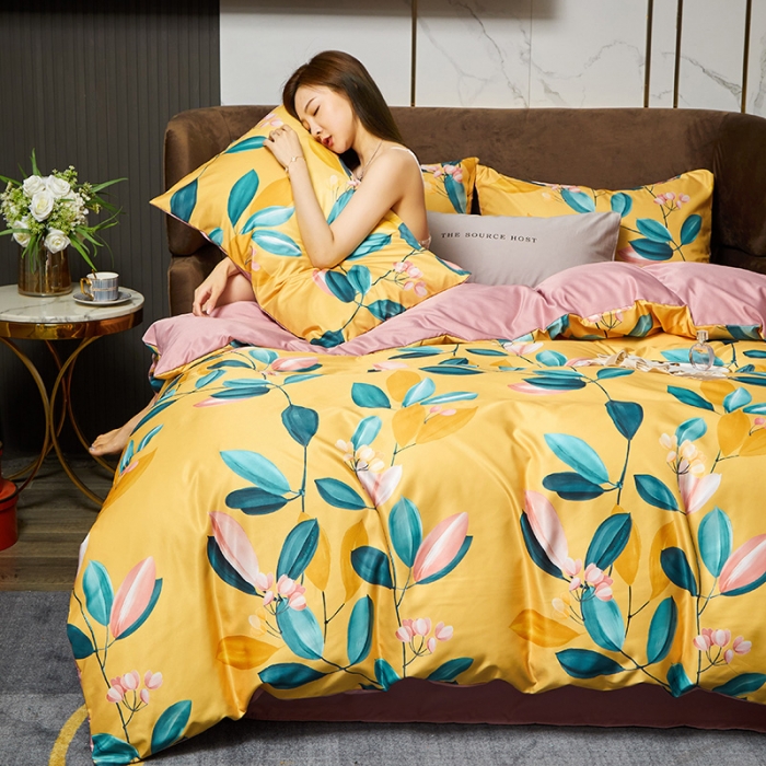 91家纺网 家纺一手货源 找家纺 凡客 2021春夏新款60支水洗真丝数码印花四件套轻奢风系列 落英缤纷