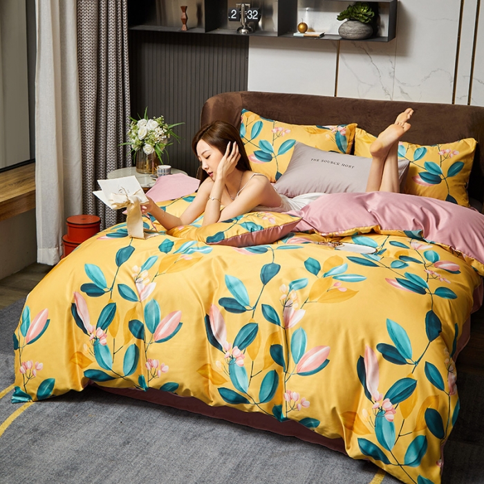 91家纺网 家纺一手货源 找家纺 凡客 2021春夏新款60支水洗真丝数码印花四件套轻奢风系列 落英缤纷