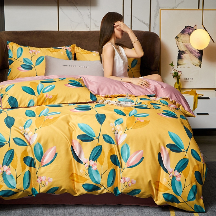 91家纺网 家纺一手货源 找家纺 凡客 2021春夏新款60支水洗真丝数码印花四件套轻奢风系列 落英缤纷