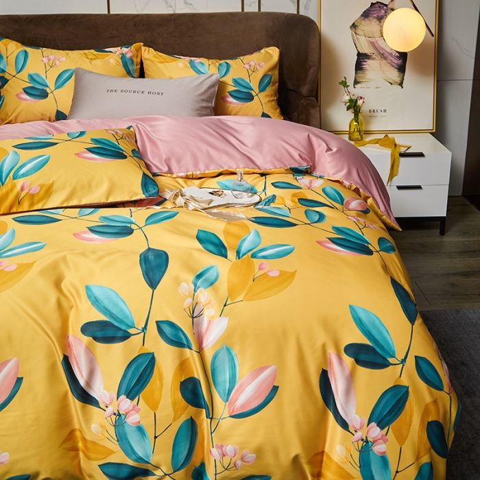 91家纺网 家纺一手货源 找家纺 凡客 2021春夏新款60支水洗真丝数码印花四件套轻奢风系列 落英缤纷