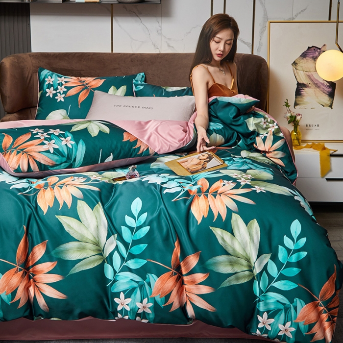 91家纺网 家纺一手货源 找家纺 凡客 2021春夏新款60支水洗真丝数码印花四件套轻奢风系列 秋宜佳期