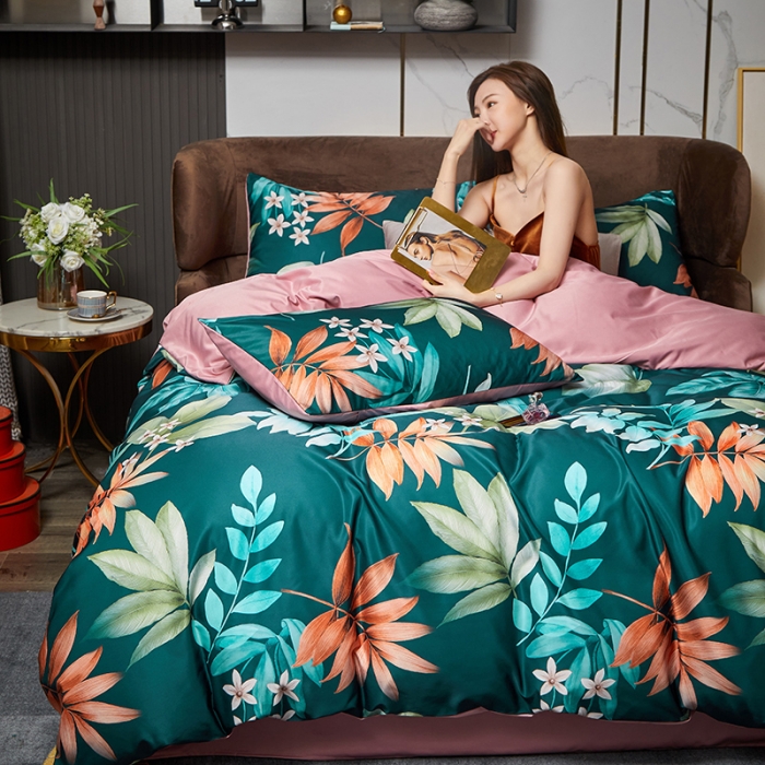 91家纺网 家纺一手货源 找家纺 凡客 2021春夏新款60支水洗真丝数码印花四件套轻奢风系列 秋宜佳期