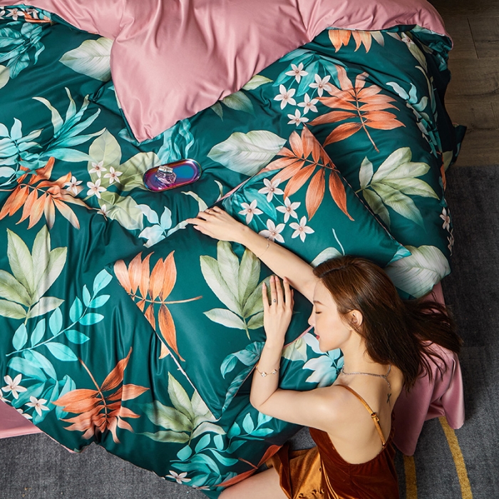 91家纺网 家纺一手货源 找家纺 凡客 2021春夏新款60支水洗真丝数码印花四件套轻奢风系列 秋宜佳期