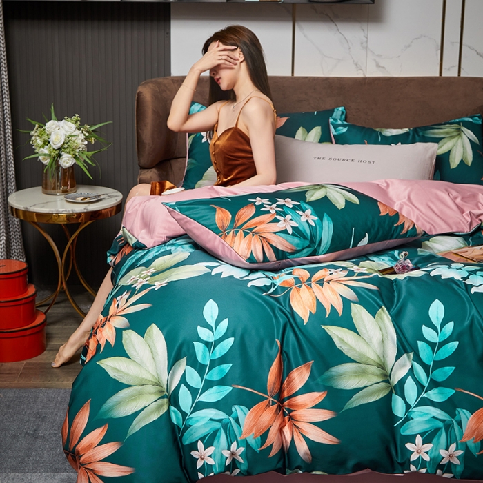 91家纺网 家纺一手货源 找家纺 凡客 2021春夏新款60支水洗真丝数码印花四件套轻奢风系列 秋宜佳期