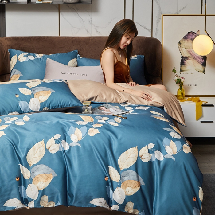 91家纺网 家纺一手货源 找家纺 凡客 2021春夏新款60支水洗真丝数码印花四件套轻奢风系列 叶语魅人