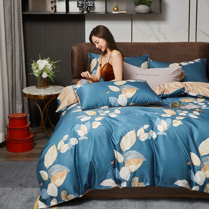 91家纺网 家纺一手货源 找家纺 凡客 2021春夏新款60支水洗真丝数码印花四件套轻奢风系列 叶语魅人