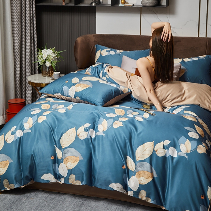 91家纺网 家纺一手货源 找家纺 凡客 2021春夏新款60支水洗真丝数码印花四件套轻奢风系列 叶语魅人