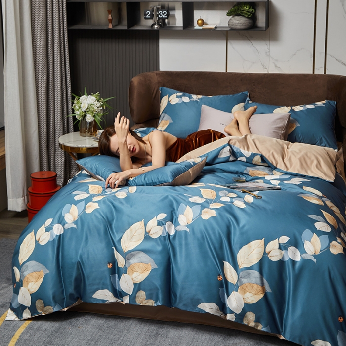 91家纺网 家纺一手货源 找家纺 凡客 2021春夏新款60支水洗真丝数码印花四件套轻奢风系列 叶语魅人