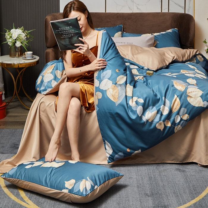 91家纺网 家纺一手货源 找家纺 凡客 2021春夏新款60支水洗真丝数码印花四件套轻奢风系列 叶语魅人