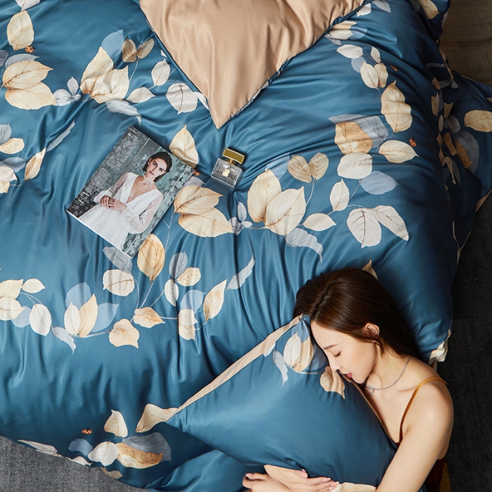 91家纺网 家纺一手货源 找家纺 凡客 2021春夏新款60支水洗真丝数码印花四件套轻奢风系列 叶语魅人