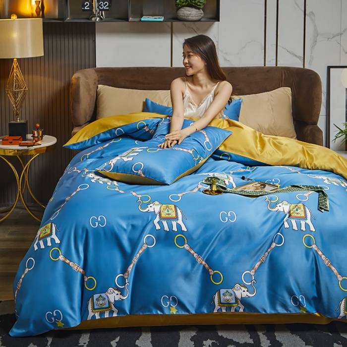 91家纺网 家纺一手货源 找家纺 凡客 2021春夏新款60支水洗真丝数码印花四件套轻奢风系列 伊莎象景