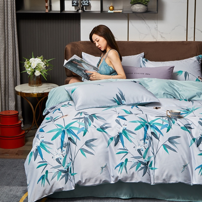 91家纺网 家纺一手货源 找家纺 凡客 2021春夏新款60支水洗真丝数码印花四件套轻奢风系列 竹简影动