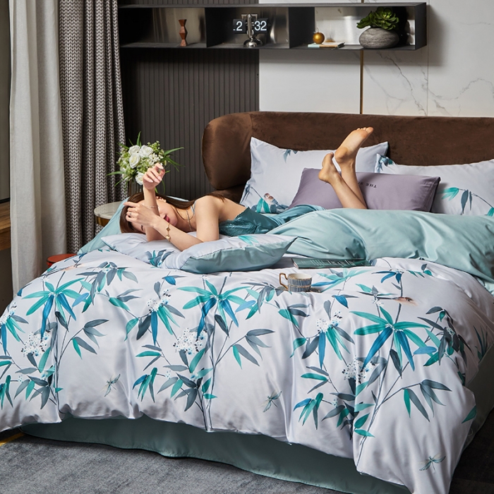 91家纺网 家纺一手货源 找家纺 凡客 2021春夏新款60支水洗真丝数码印花四件套轻奢风系列 竹简影动