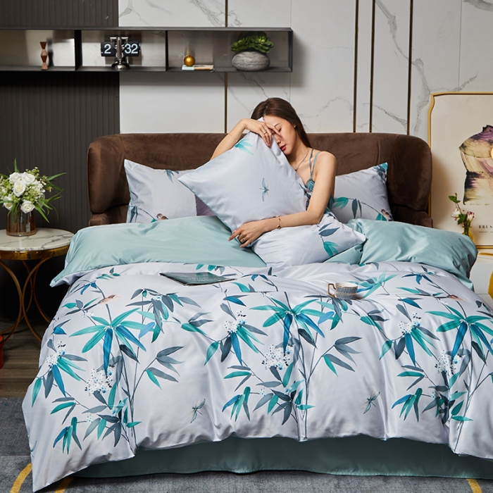 91家纺网 家纺一手货源 找家纺 凡客 2021春夏新款60支水洗真丝数码印花四件套轻奢风系列 竹简影动