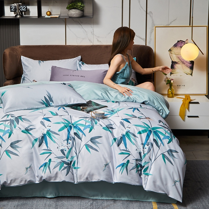 91家纺网 家纺一手货源 找家纺 凡客 2021春夏新款60支水洗真丝数码印花四件套轻奢风系列 竹简影动