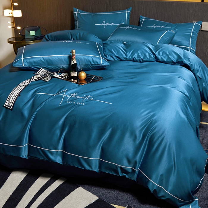 91家纺网 家纺一手货源 找家纺 凡客 2021春夏新款60支水洗真丝绣花四件套 圣卡罗-宝蓝