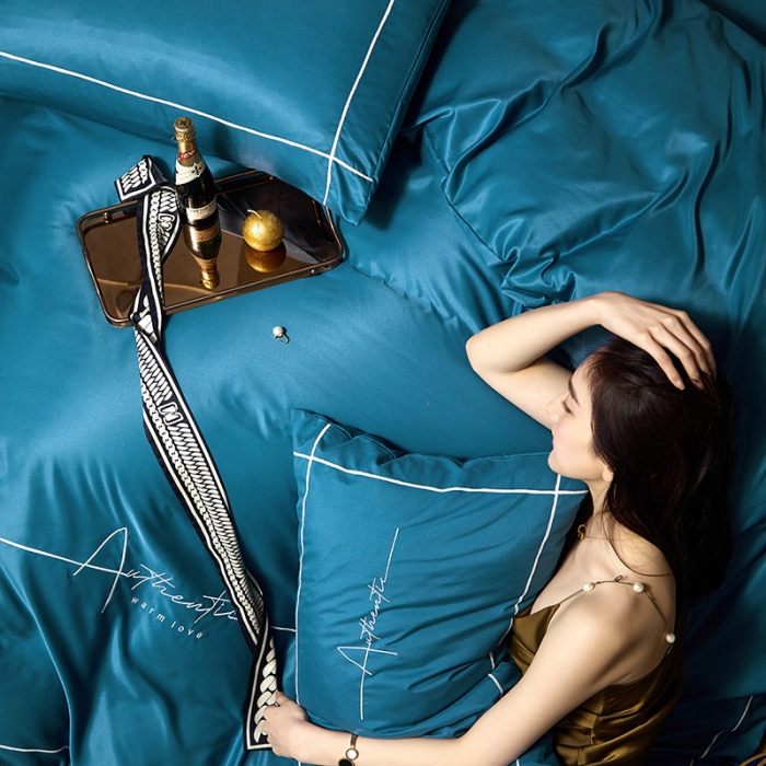 91家纺网 家纺一手货源 找家纺 凡客 2021春夏新款60支水洗真丝绣花四件套 圣卡罗-宝蓝