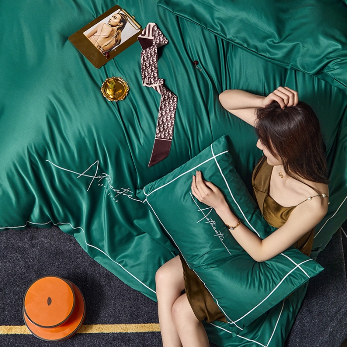 91家纺网 家纺一手货源 找家纺 凡客 2021春夏新款60支水洗真丝绣花四件套 圣卡罗-宝石绿