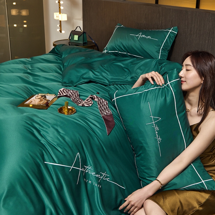 91家纺网 家纺一手货源 找家纺 凡客 2021春夏新款60支水洗真丝绣花四件套 圣卡罗-宝石绿