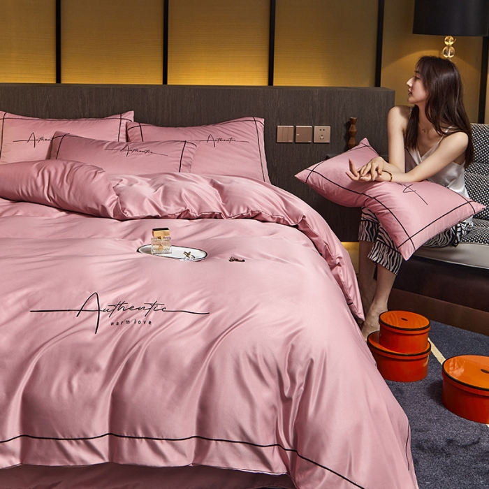 91家纺网 家纺一手货源 找家纺 凡客 2021春夏新款60支水洗真丝绣花四件套 圣卡罗-萝莉粉