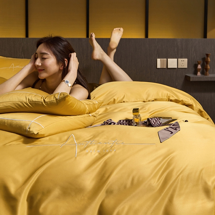 91家纺网 家纺一手货源 找家纺 凡客 2021春夏新款60支水洗真丝绣花四件套 圣卡罗-柠檬黄