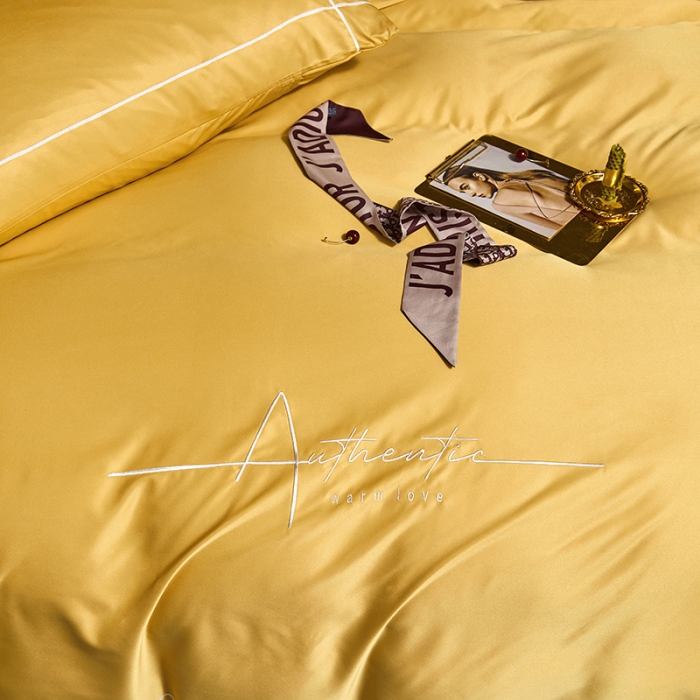 91家纺网 家纺一手货源 找家纺 凡客 2021春夏新款60支水洗真丝绣花四件套 圣卡罗-柠檬黄