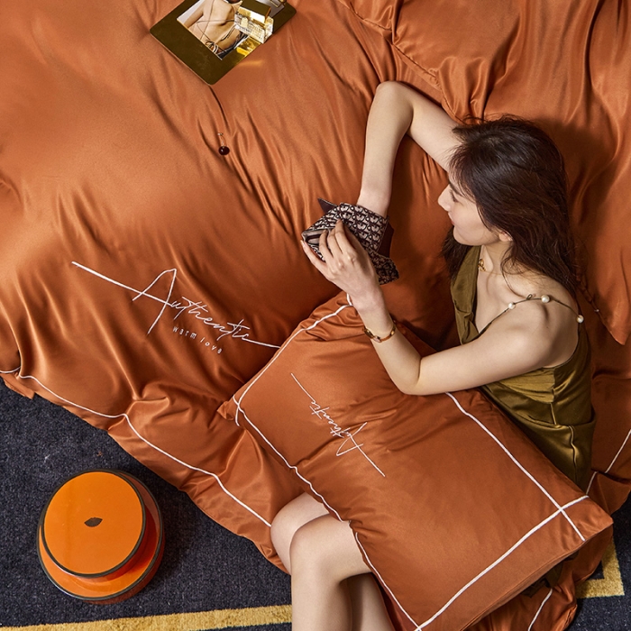 91家纺网 家纺一手货源 找家纺 凡客 2021春夏新款60支水洗真丝绣花四件套 圣卡罗-铁锈红