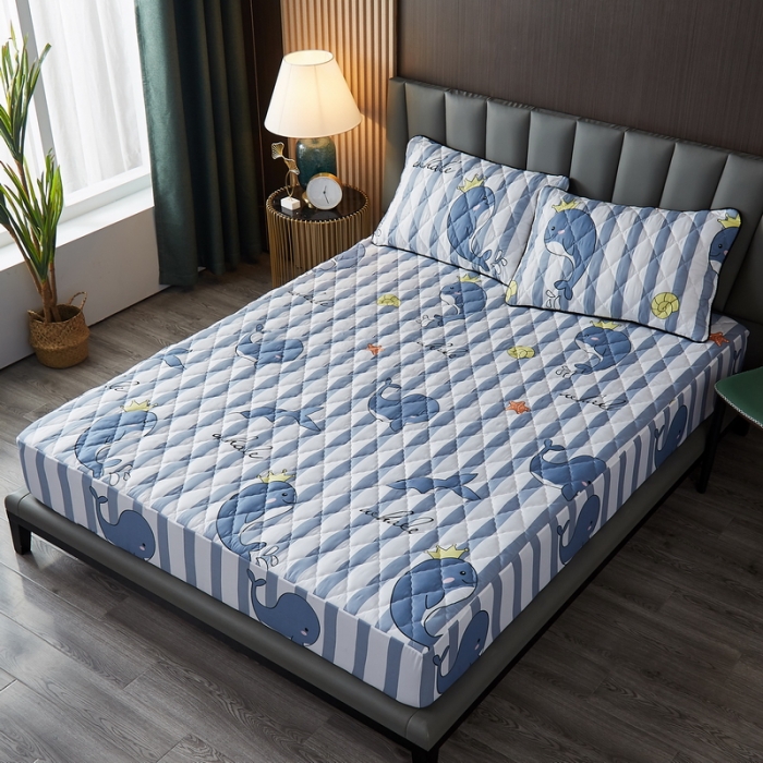 91家纺网 家纺一手货源 找家纺 花言狐语 2025新款水洗棉防水隔尿夹棉床笠 欢乐小海豚