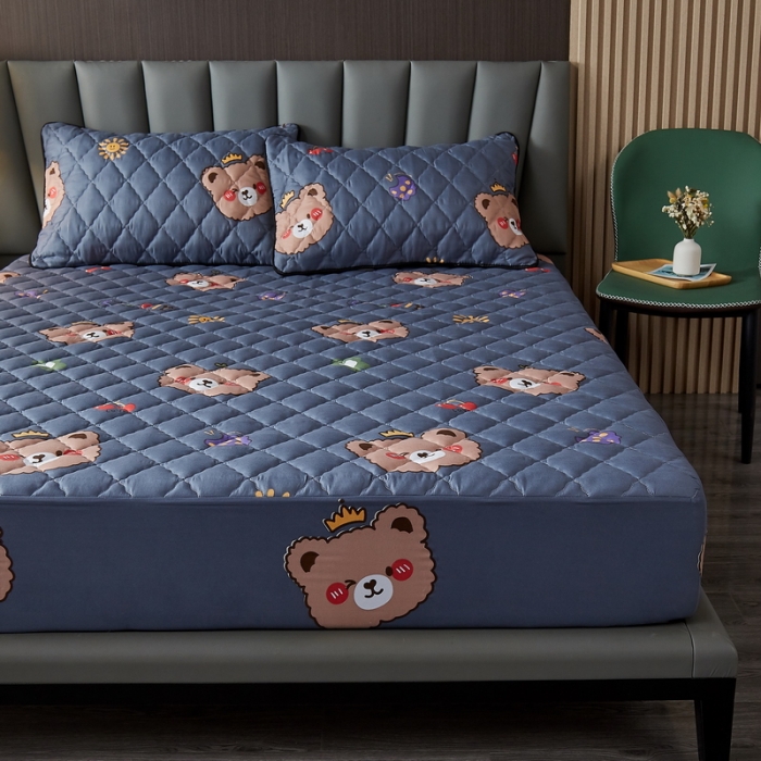 91家纺网 家纺一手货源 找家纺 花言狐语 2025新款水洗棉防水隔尿夹棉床笠 可爱小熊-灰