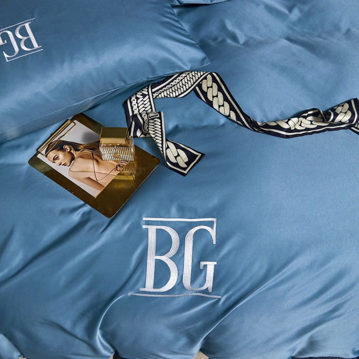 91家纺网 家纺一手货源 找家纺 凡客 2021春夏新款60支水洗真丝绣花四件套 路易斯-宝石蓝