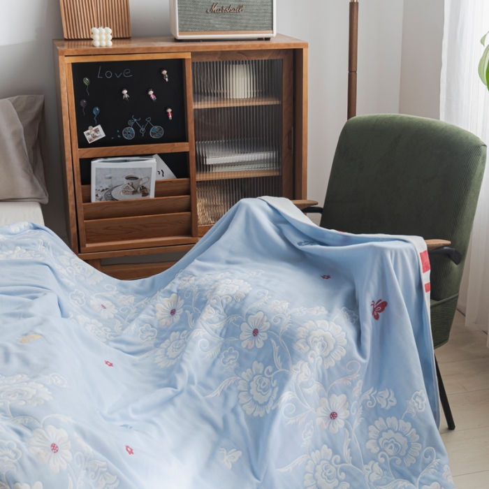 91家纺网 家纺一手货源 找家纺 朴尔 2021新款抽象风格六层纱布毛巾被系列 那些花儿-浅蓝