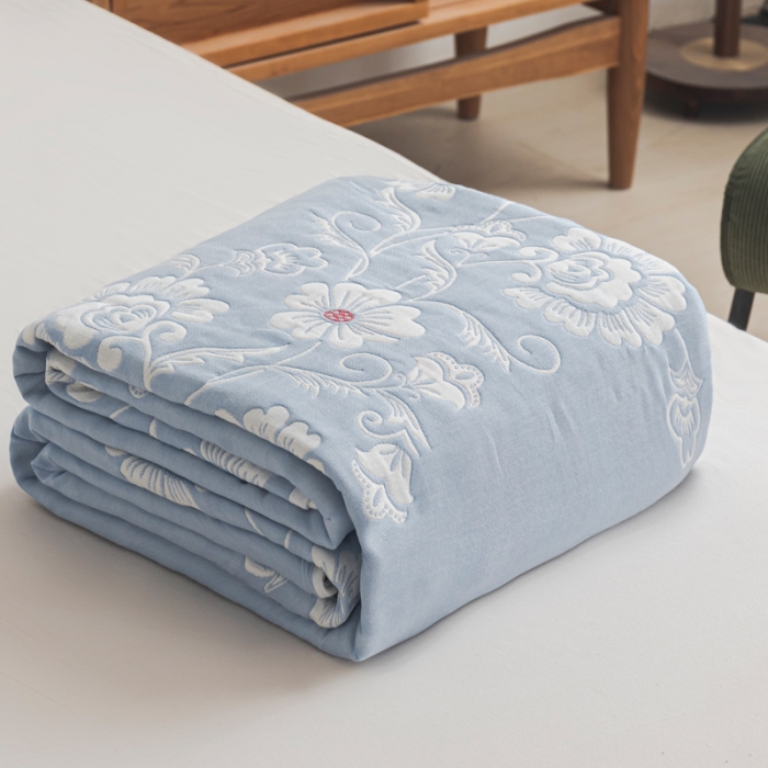 91家纺网 家纺一手货源 找家纺 朴尔 2021新款抽象风格六层纱布毛巾被系列 那些花儿-浅蓝