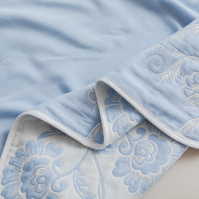 91家纺网 家纺一手货源 找家纺 朴尔 2021新款抽象风格六层纱布毛巾被系列 那些花儿-浅蓝