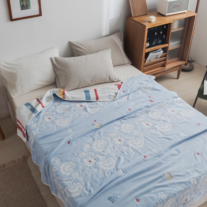 91家纺网 家纺一手货源 找家纺 朴尔 2021新款抽象风格六层纱布毛巾被系列 那些花儿-浅蓝