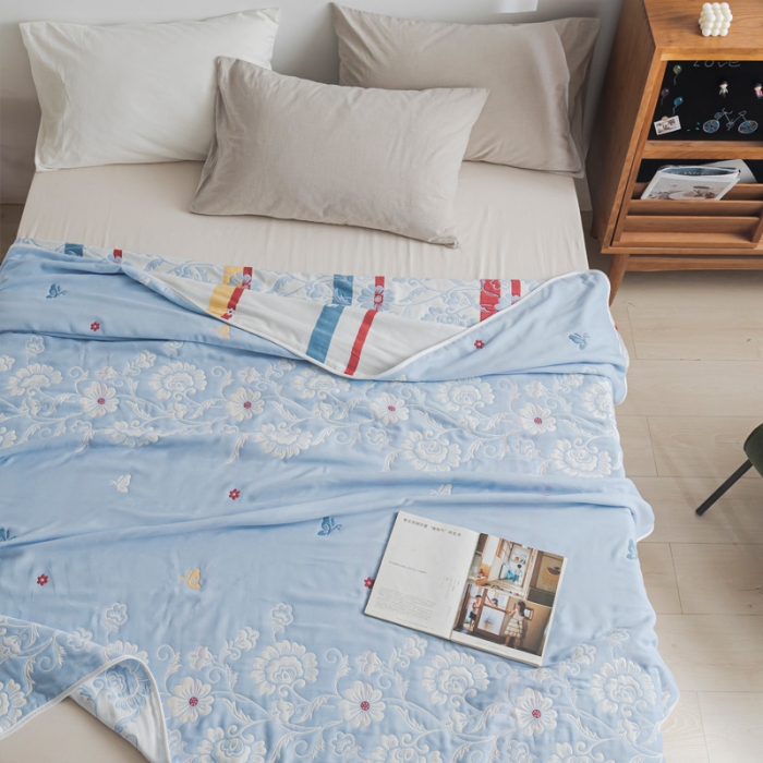 91家纺网 家纺一手货源 找家纺 朴尔 2021新款抽象风格六层纱布毛巾被系列 那些花儿-浅蓝