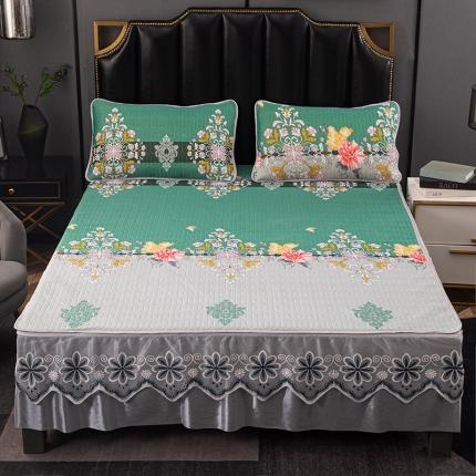 91家纺网 家纺一手货源 找家纺 纽缦家纺 2021新款凉感丝乳胶凉席可拆卸床裙款三件套 罗马假日-绿