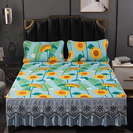 91家纺网 家纺一手货源 找家纺 纽缦家纺 2021新款凉感丝乳胶凉席可拆卸床裙款三件套 向日花开-绿