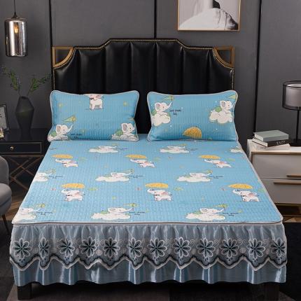 91家纺网 家纺一手货源 找家纺 纽缦家纺 2021新款凉感丝乳胶凉席可拆卸床裙款三件套 怡情小象-兰