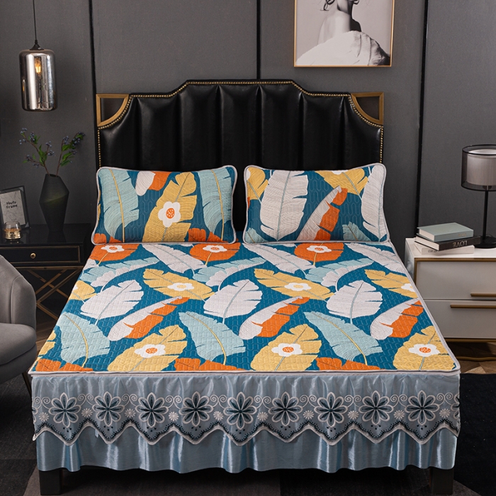 91家纺网 家纺一手货源 找家纺 （总）纽缦家纺 2021新款凉感丝乳胶凉席可拆卸床裙款三件套