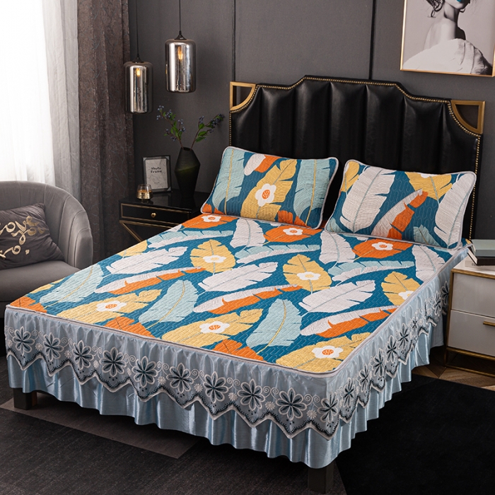 91家纺网 家纺一手货源 找家纺 纽缦家纺 2021新款凉感丝乳胶凉席可拆卸床裙款三件套 巴山夜雨-兰