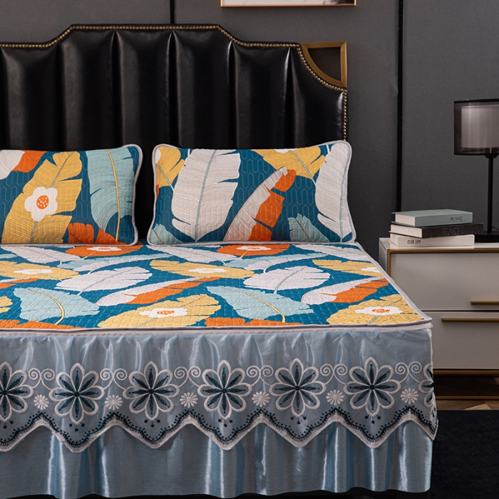 91家纺网 家纺一手货源 找家纺 纽缦家纺 2021新款凉感丝乳胶凉席可拆卸床裙款三件套 巴山夜雨-兰