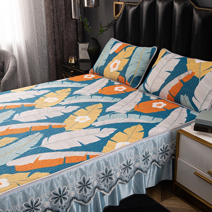 91家纺网 家纺一手货源 找家纺 纽缦家纺 2021新款凉感丝乳胶凉席可拆卸床裙款三件套 巴山夜雨-兰