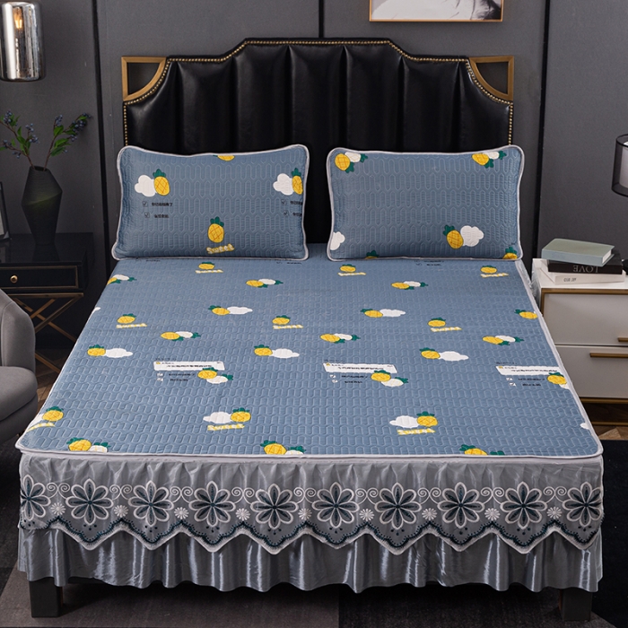 91家纺网 家纺一手货源 找家纺 纽缦家纺 2021新款凉感丝乳胶凉席可拆卸床裙款三件套 菠萝情兰