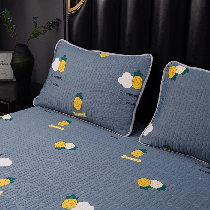 91家纺网 家纺一手货源 找家纺 纽缦家纺 2021新款凉感丝乳胶凉席可拆卸床裙款三件套 菠萝情兰