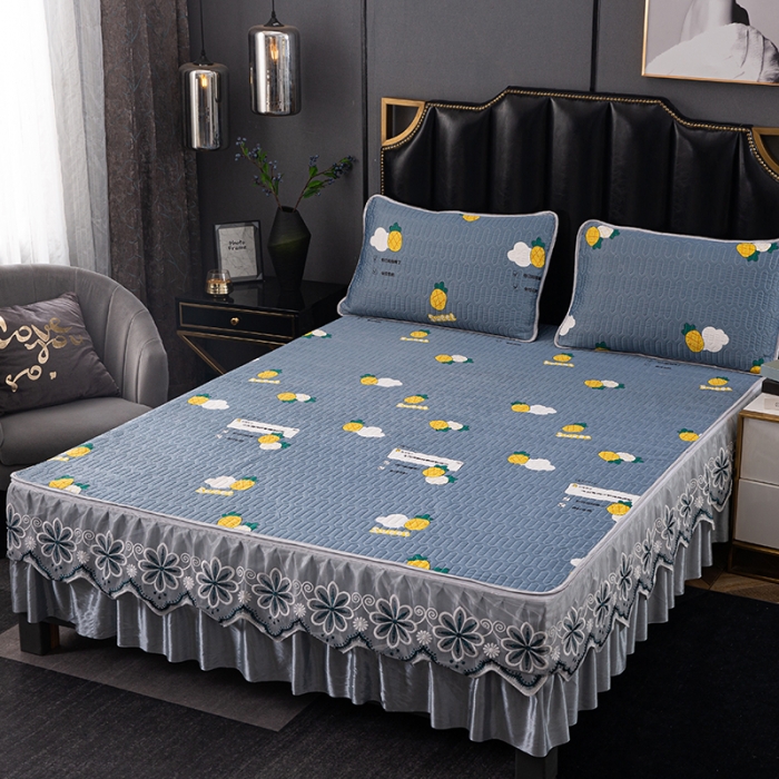 91家纺网 家纺一手货源 找家纺 纽缦家纺 2021新款凉感丝乳胶凉席可拆卸床裙款三件套 菠萝情兰