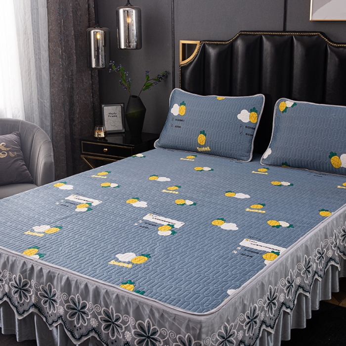 91家纺网 家纺一手货源 找家纺 纽缦家纺 2021新款凉感丝乳胶凉席可拆卸床裙款三件套 菠萝情兰